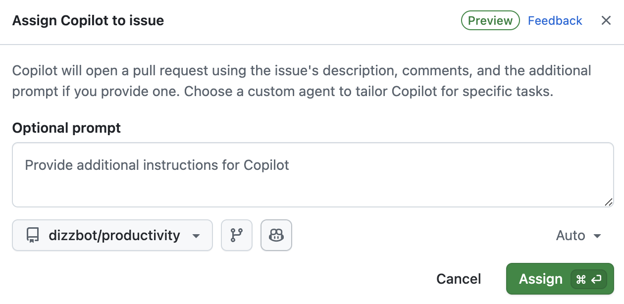 Issue に Copilot を割り当てるダイアログ