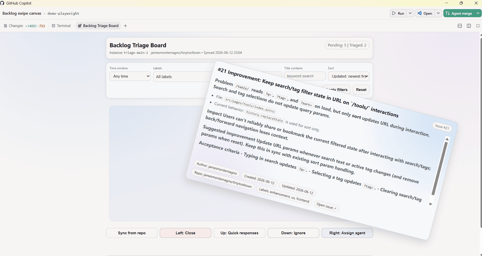 Backlog Swipe Triage Canvas。Issueカードをスワイプ操作で仕分ける画面